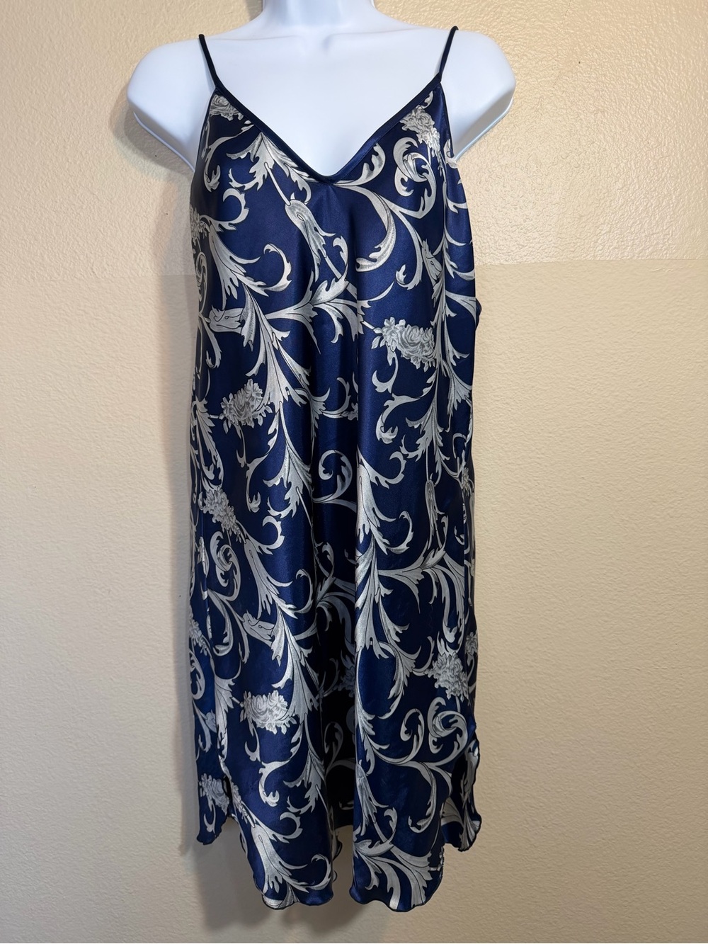 Navy & Silver Floral Satin Slip Sleep Dress Small